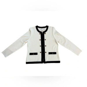 MISOOK White & Black Zip Jacket Cardigan with Brown/Brass Button Detail Size M
